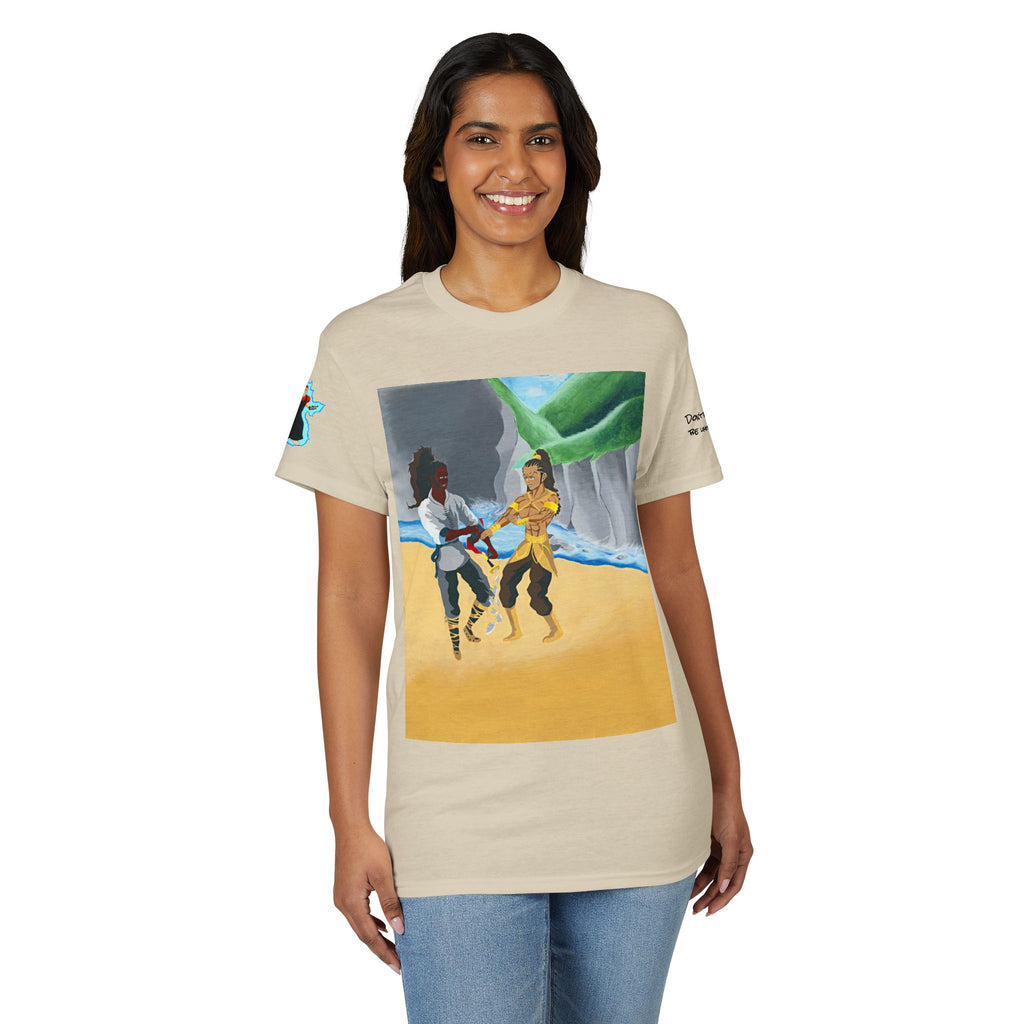 Beach Dance Scene Graphic Tee — Tropical Couple Art Unisex T-Shirt