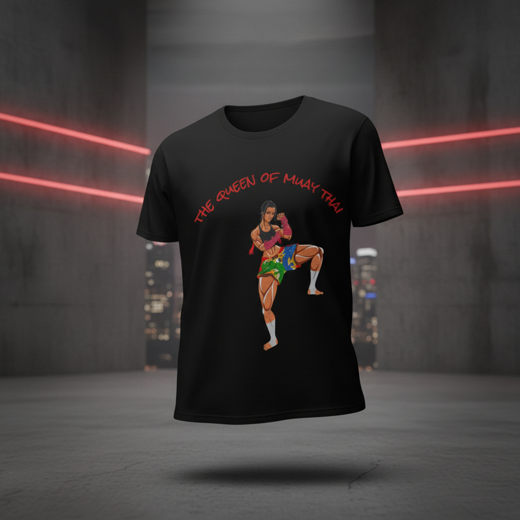 Queen of Muay Thai Graphic Tee in an urban streetwear setting, angle 3